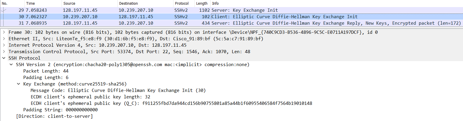 Wireshark: SSH Client to Server ECDH Key Exchange Initialization